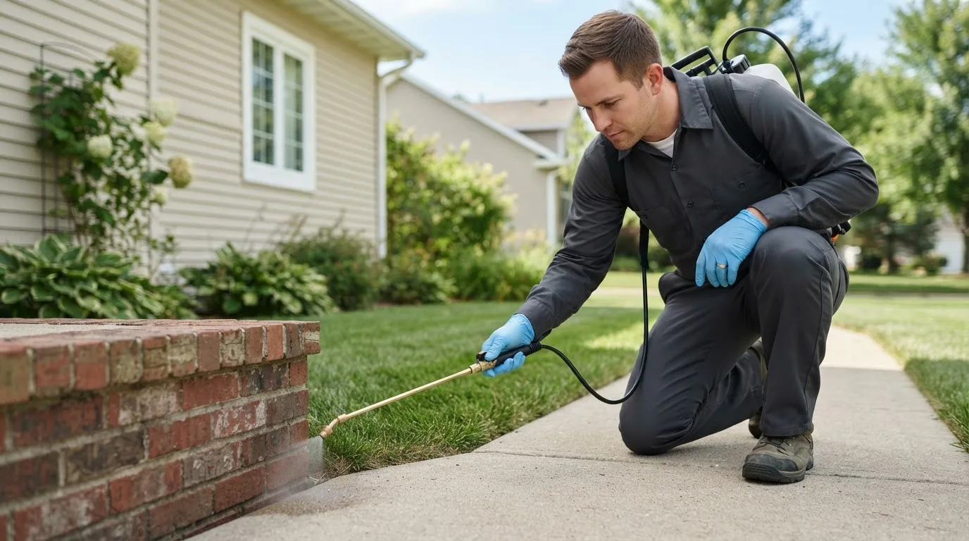 Pest control technician treating a home near Riner, VA